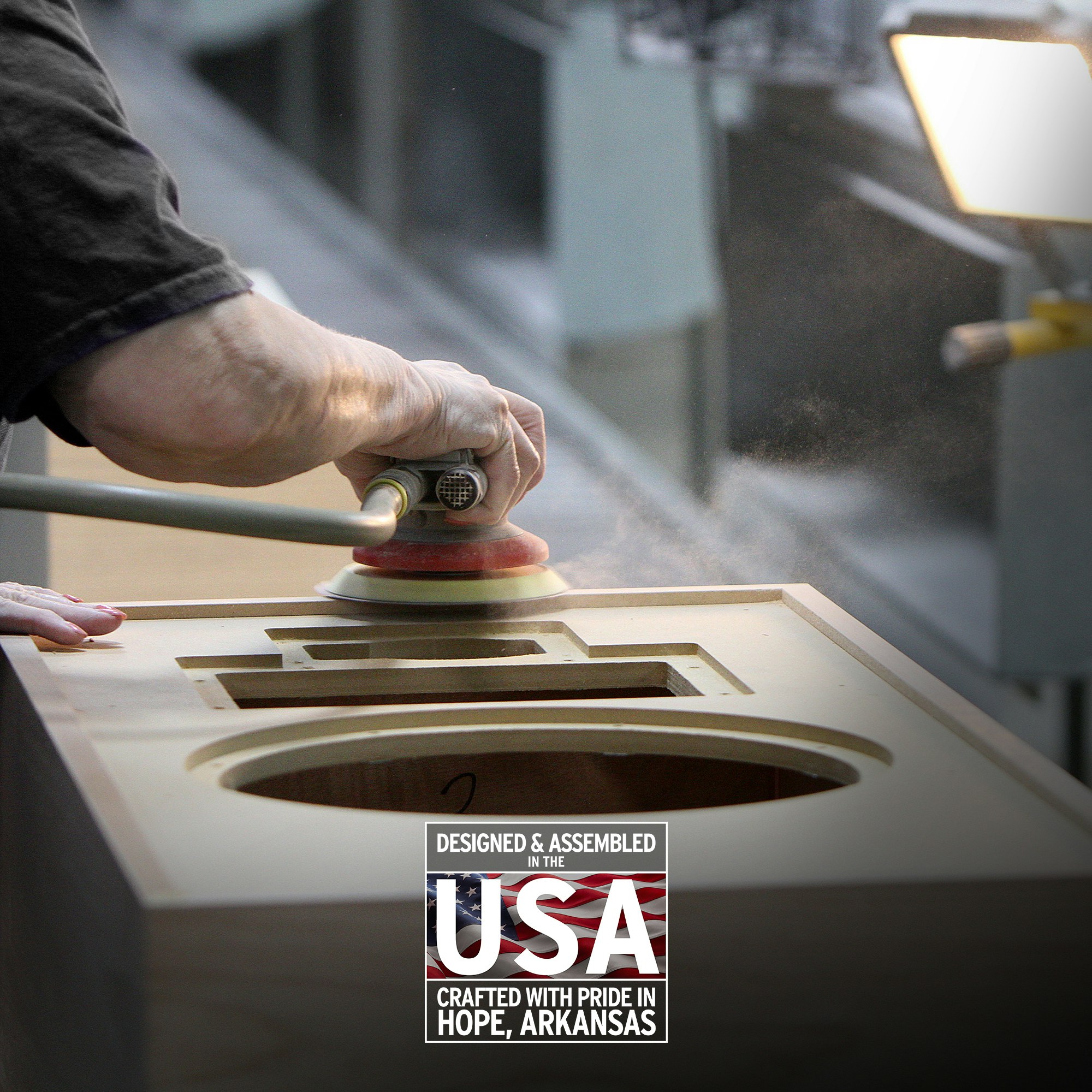 A craftsman in the Klipsch factory sands the cabinet of a Forte speaker. Proudly Designed and Assembled in the USA. Crafted with pride in Hope, Arkansas.